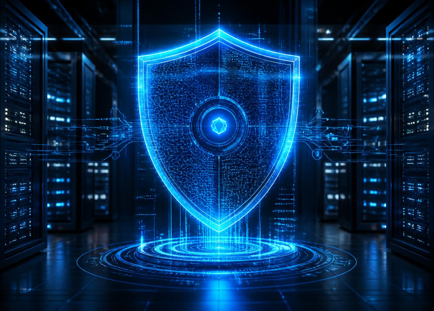 Escudo holográfico de ciberseguridad protegiendo un data center